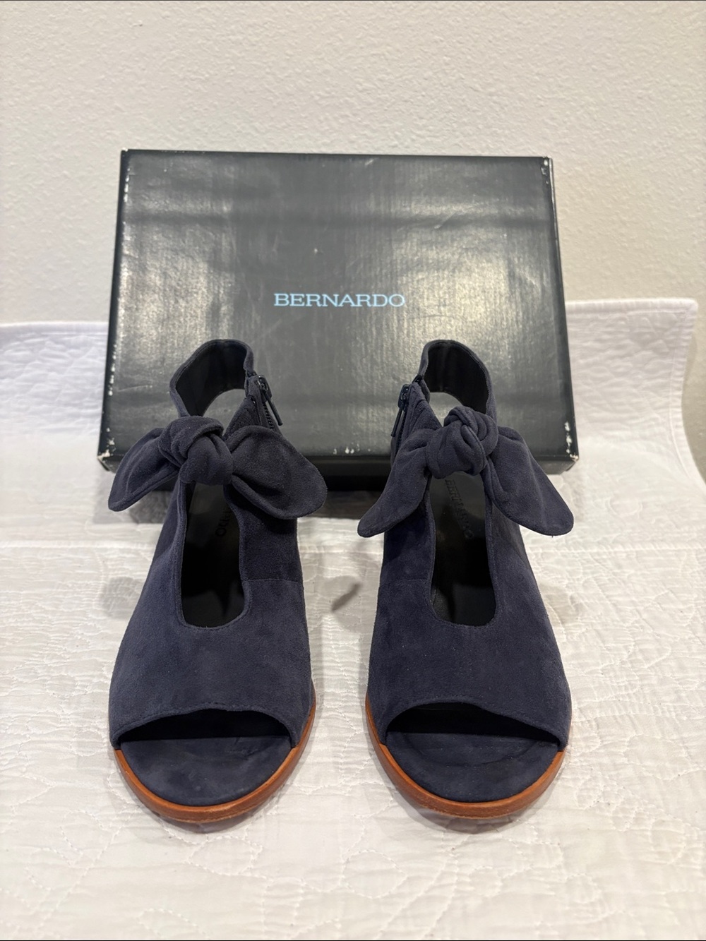 Bernardo Navy Suede Knot Front Open-Toe Wedges with Brown Trim